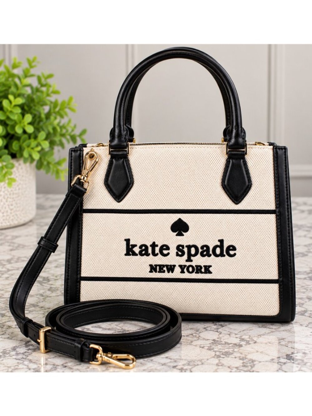Kate Spade Ellie Canvas Small Tote Black Cream Embroidered Logo Crossbody